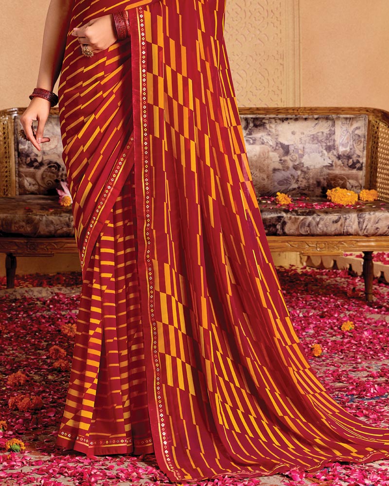 Vishal Prints Dark Red Printed Georgette Saree With Fancy Border