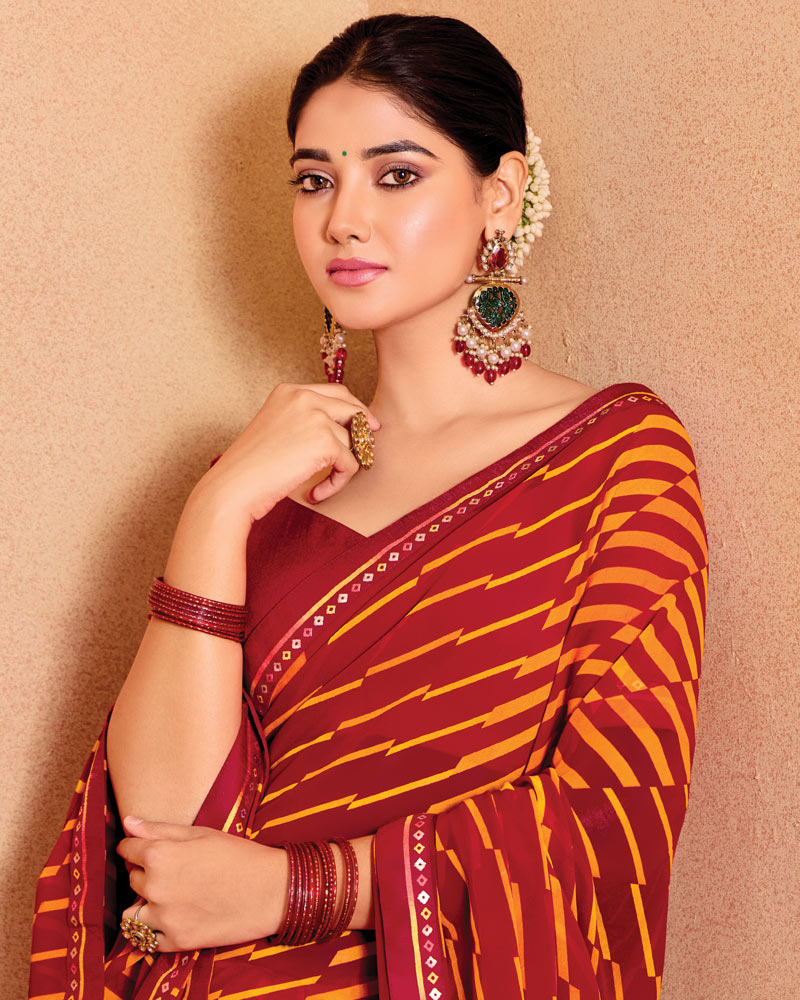 Vishal Prints Dark Red Printed Georgette Saree With Fancy Border