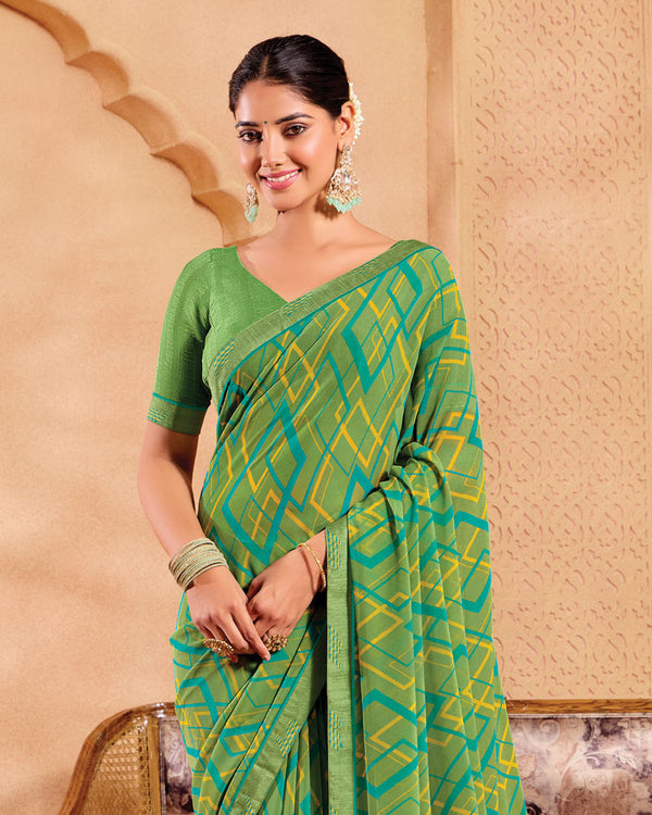 Vishal Prints Olive Green Printed Georgette Saree With Fancy Border