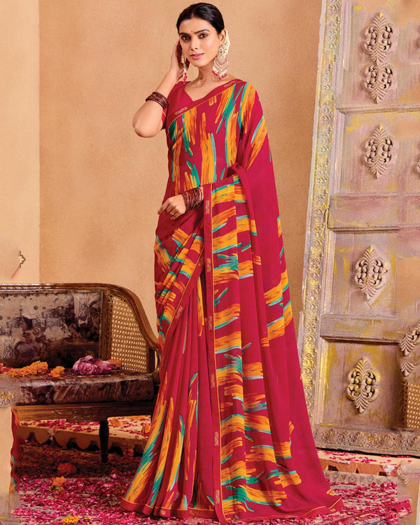 Vishal Prints Cerise Red Printed Georgette Saree With Fancy Border