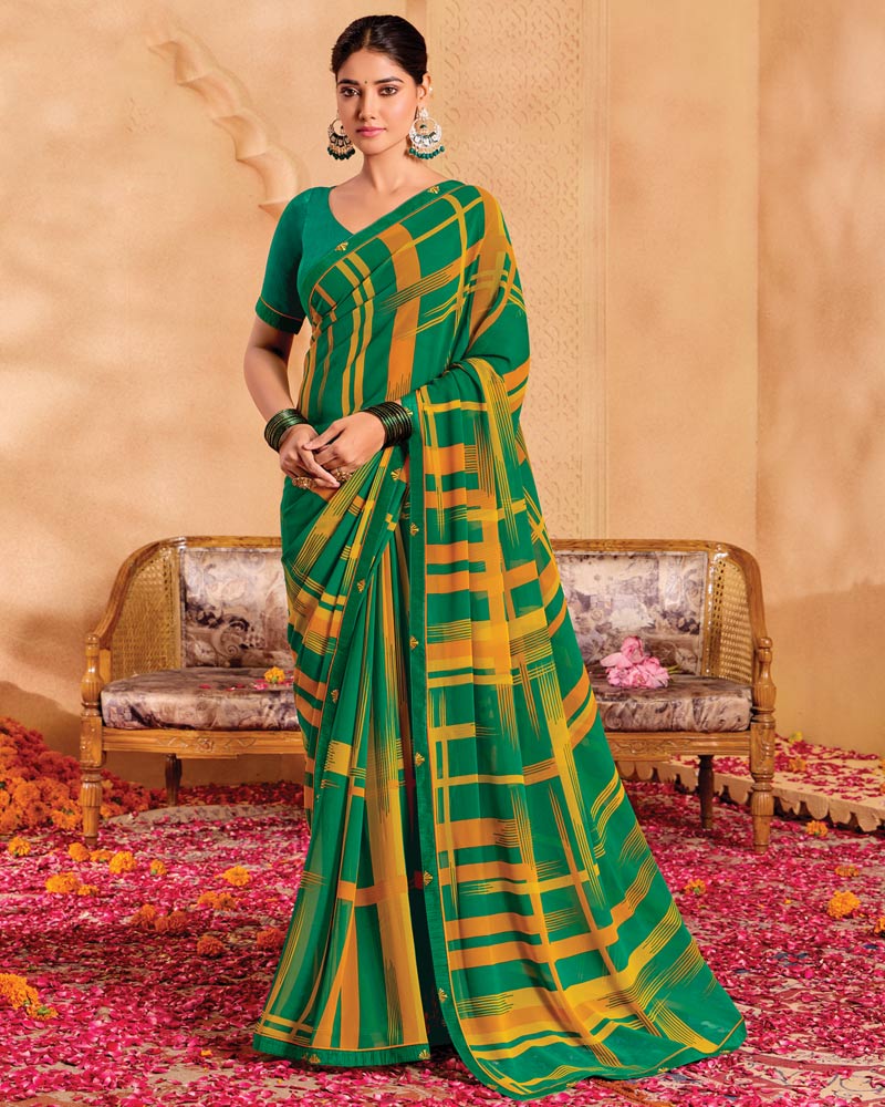 Vishal Prints Light Mehandi Green Printed Georgette Saree With Fancy Border