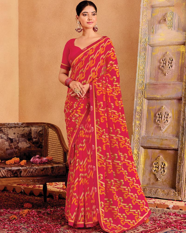 Vishal Prints Pinkish Red Printed Georgette Saree With Fancy Border