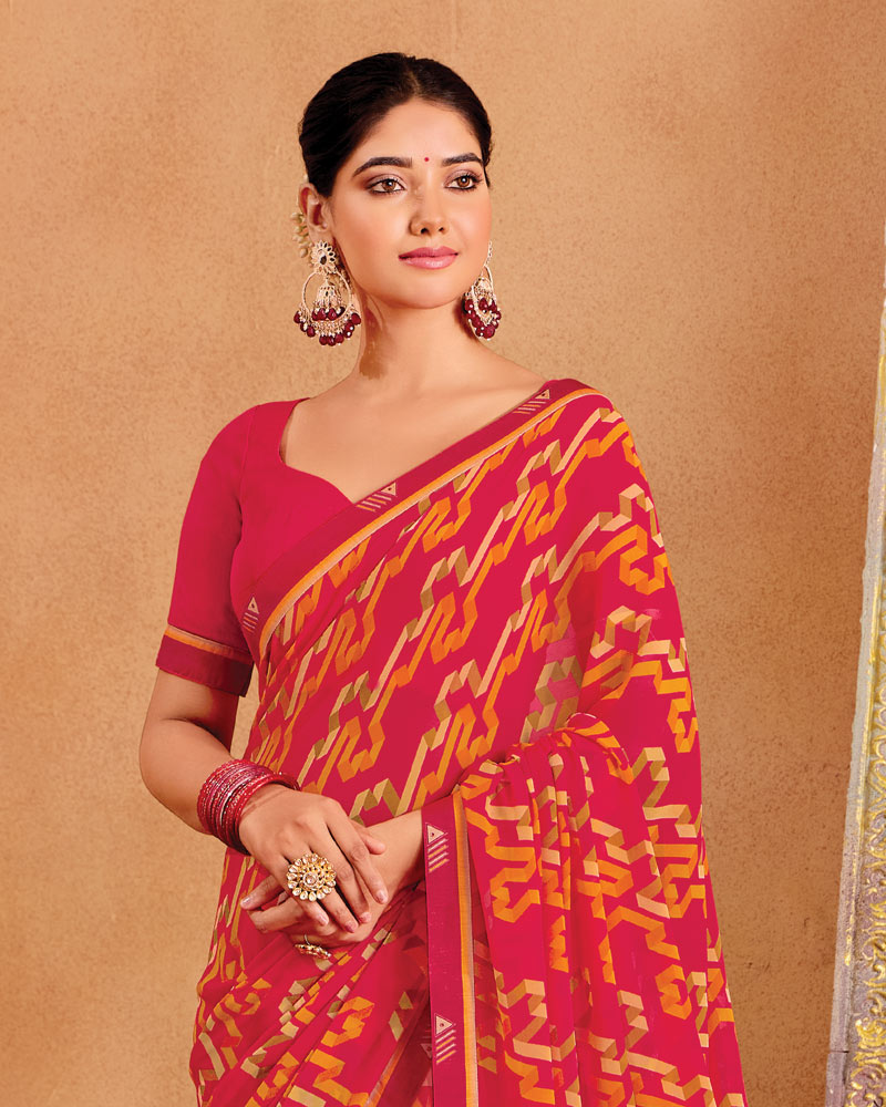 Vishal Prints Pinkish Red Printed Georgette Saree With Fancy Border