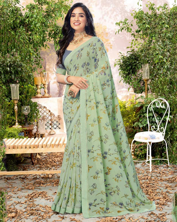 Vishal Prints Turquoise Green Printed Georgette Saree With Fancy Border