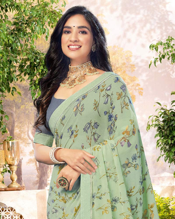 Vishal Prints Turquoise Green Printed Georgette Saree With Fancy Border