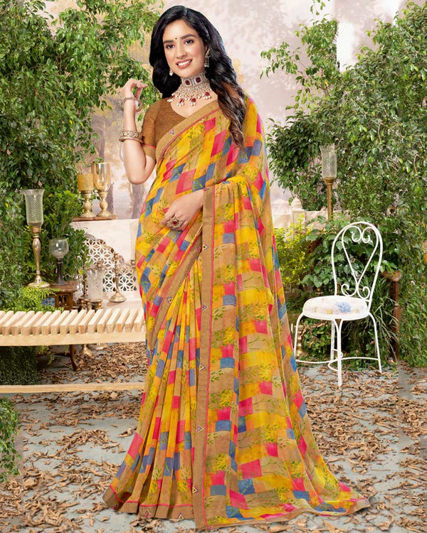 Vishal Prints Sand Brown Printed Georgette Saree With Fancy Border