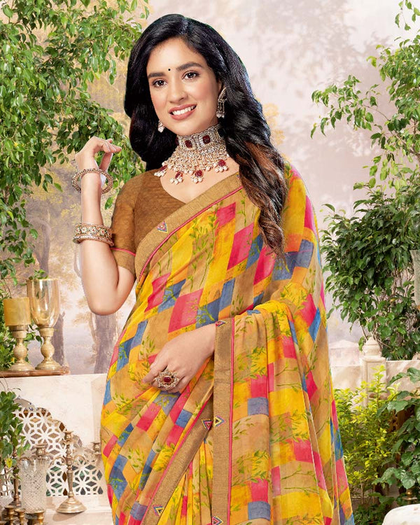 Vishal Prints Sand Brown Printed Georgette Saree With Fancy Border