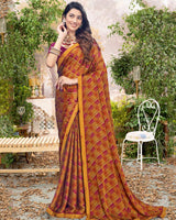 Vishal Prints Prairie Sand Brown Printed Chiffon Saree With Fancy Border