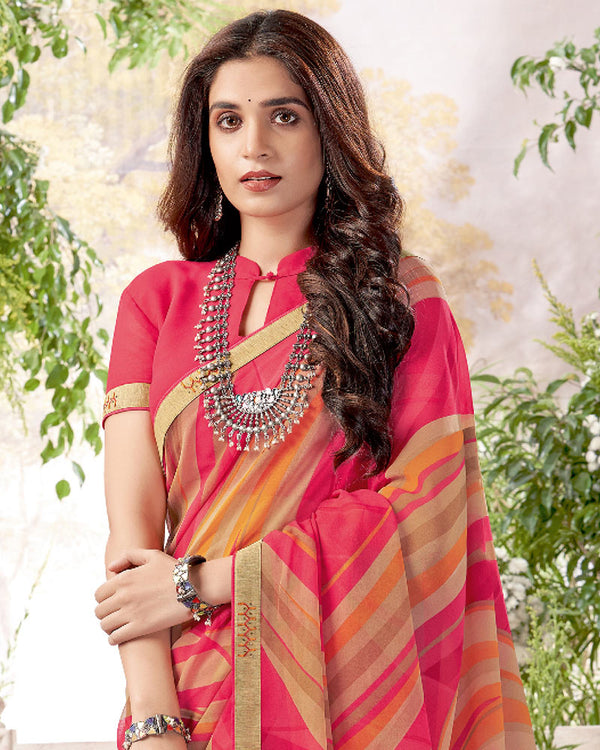 Vishal Prints Amaranth Pink Printed Georgette Saree With Fancy Border