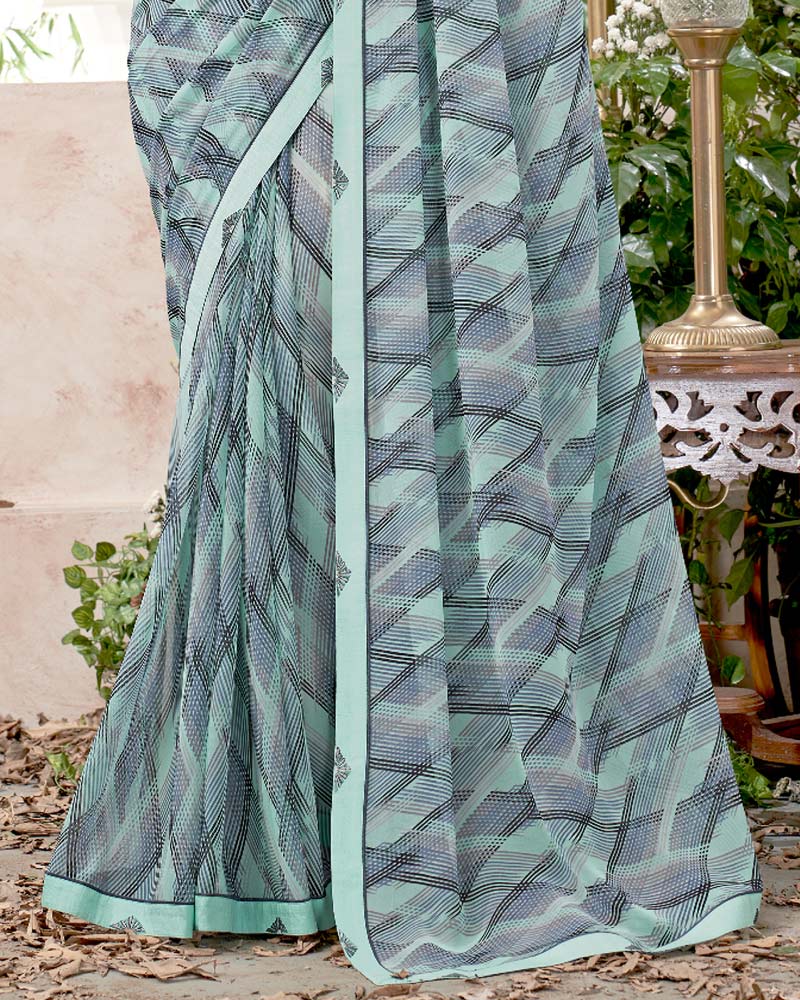 Vishal Prints Pastel Teal Blue Printed Georgette Saree With Fancy Border