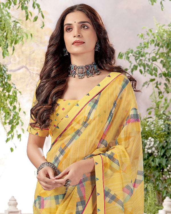 Vishal Prints Apache Yellow Printed Georgette Saree With Fancy Border