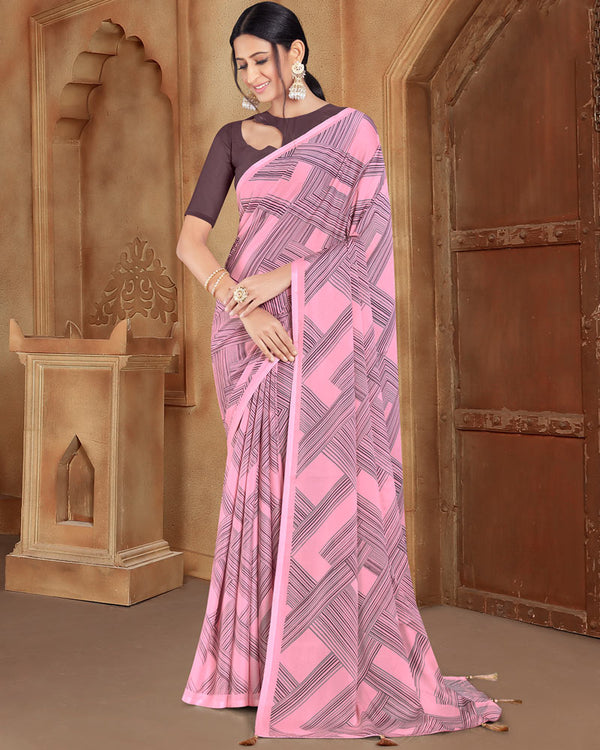 Vishal Prints Baby Pink Printed Criva Crepe Saree With Tassel