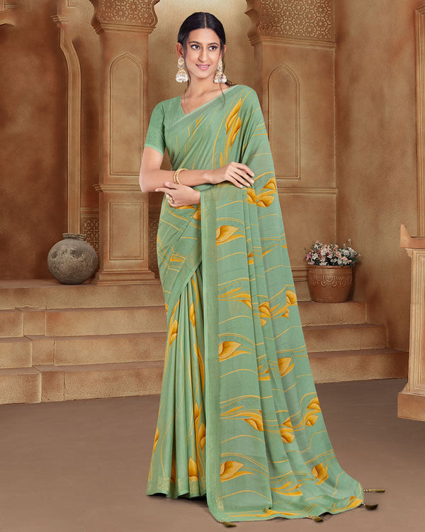 Vishal Prints Turquoise Green Printed Criva Crepe Saree With Tassel