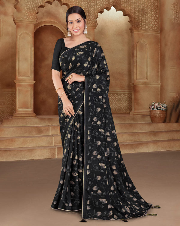 Vishal Prints Black Printed Criva Crepe Saree With Tassel