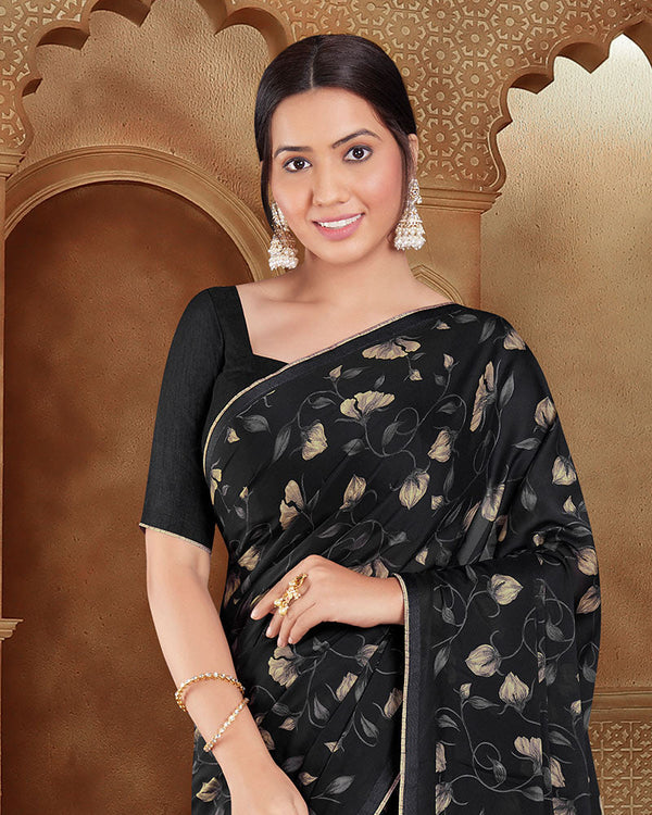 Vishal Prints Black Printed Criva Crepe Saree With Tassel