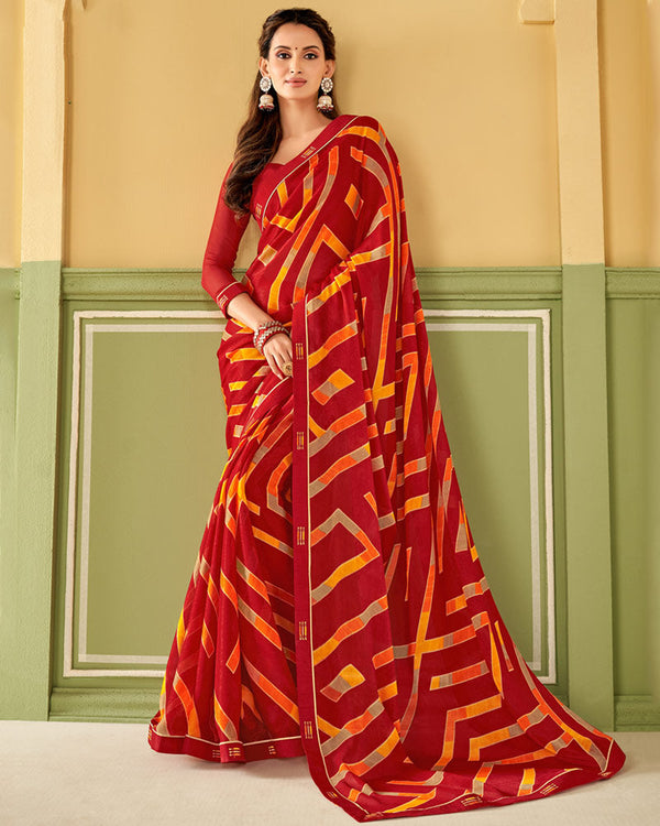 Vishal Prints Dark Red Printed Chiffon Saree With Border