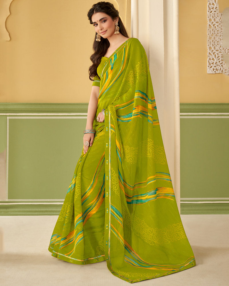 Vishal Prints Olive Green Printed Chiffon Saree With Border