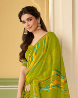 Vishal Prints Olive Green Printed Chiffon Saree With Border