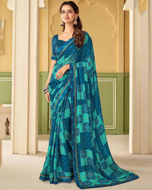 Vishal Prints Peacock Blue Printed Chiffon Saree With Border