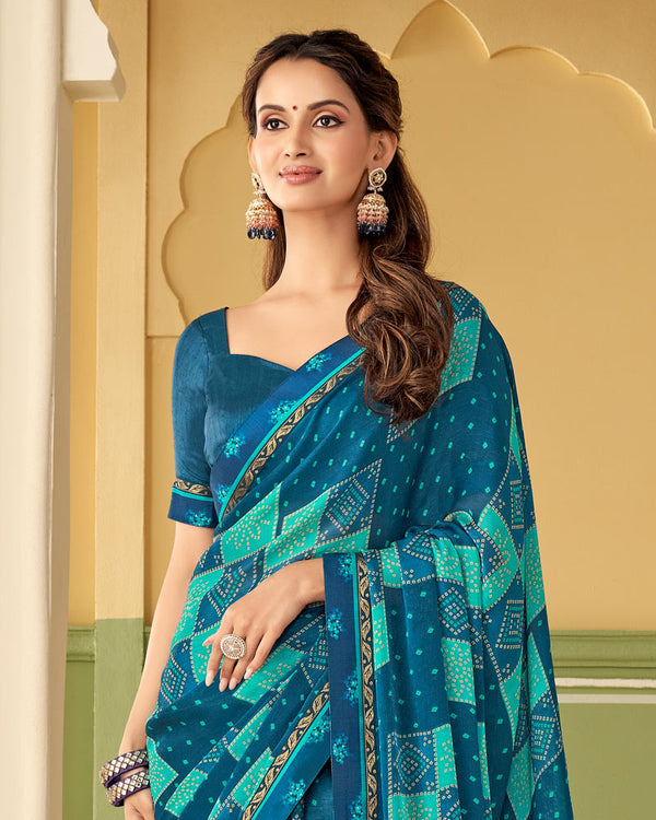 Vishal Prints Peacock Blue Printed Chiffon Saree With Border