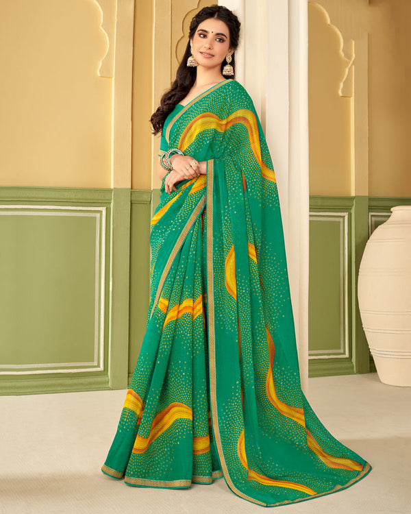 Vishal Prints Dark Mint Green Printed Chiffon Saree With Border