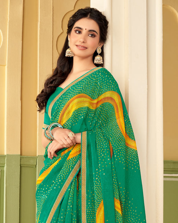 Vishal Prints Dark Mint Green Printed Chiffon Saree With Border