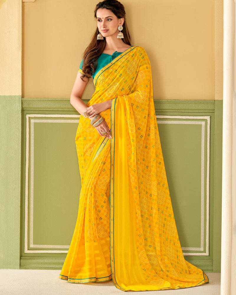 Vishal Prints Dark Yellow Printed Chiffon Saree With Border