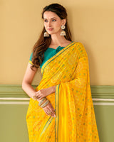 Vishal Prints Dark Yellow Printed Chiffon Saree With Border