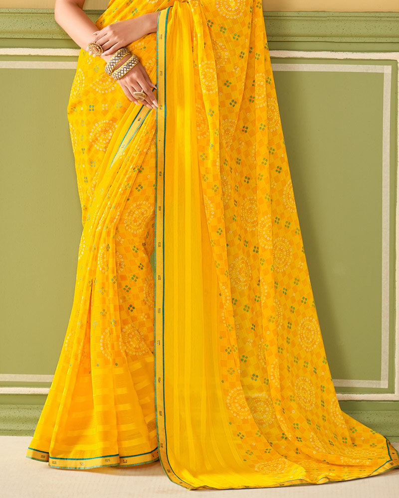 Vishal Prints Dark Yellow Printed Chiffon Saree With Border