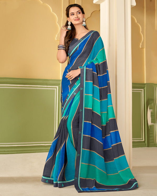 Vishal Prints Dark Grey Printed Chiffon Saree With Border