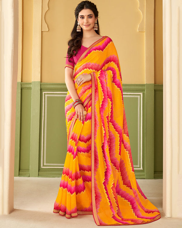 Vishal Prints Mustard Printed Chiffon Saree With Border