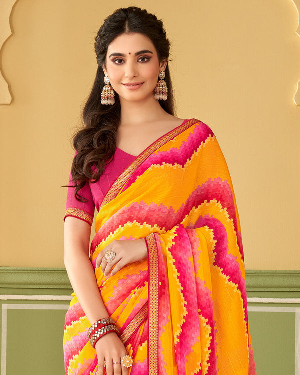 Vishal Prints Mustard Printed Chiffon Saree With Border