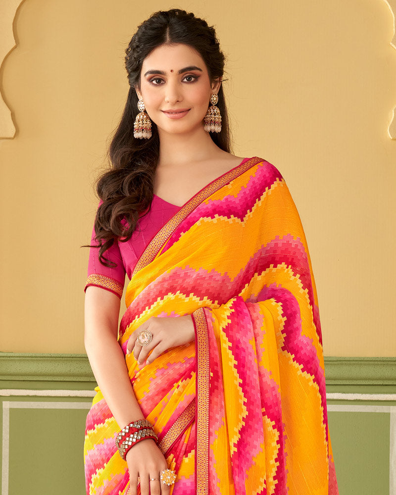 Vishal Prints Mustard Printed Chiffon Saree With Border