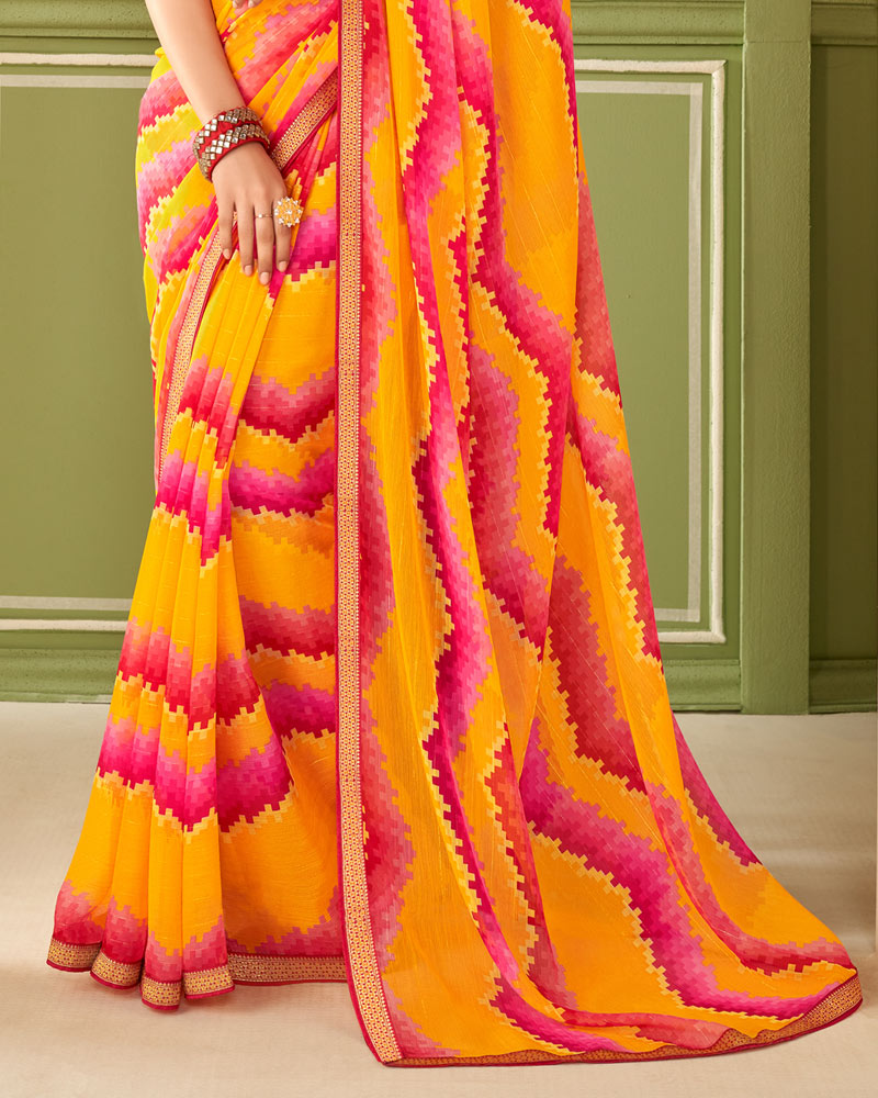 Vishal Prints Mustard Printed Chiffon Saree With Border