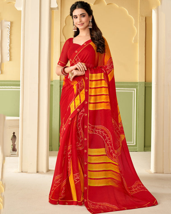 Vishal Prints Cherry Red Printed Chiffon Saree With Border