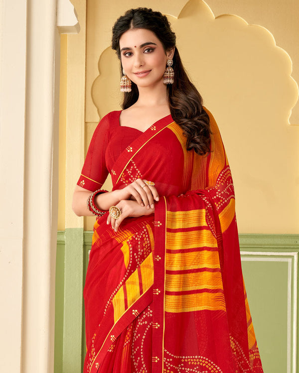 Vishal Prints Cherry Red Printed Chiffon Saree With Border