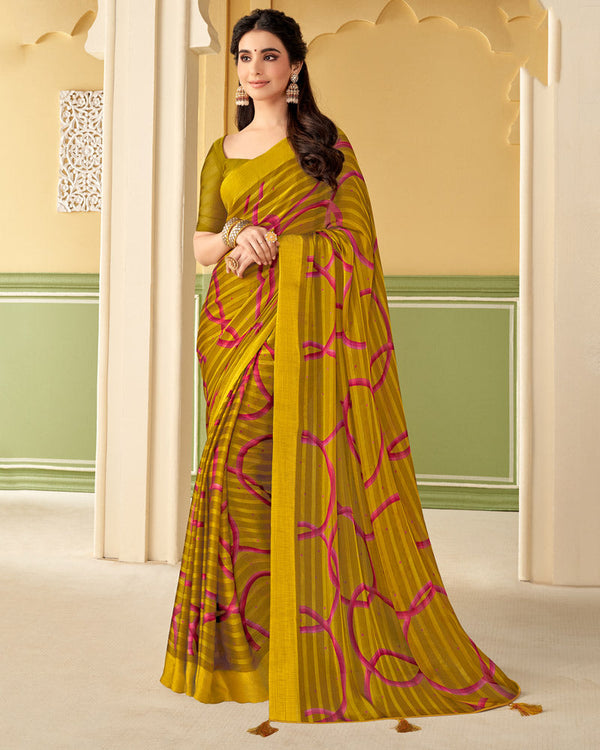 Vishal Prints Dark Mustard Printed Chiffon Saree With Border