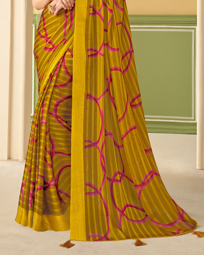 Vishal Prints Dark Mustard Printed Chiffon Saree With Border