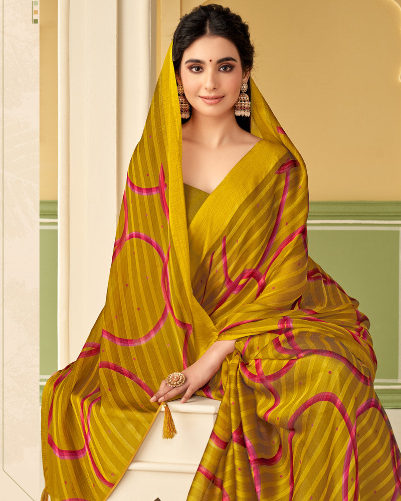 Vishal Prints Dark Mustard Printed Chiffon Saree With Border