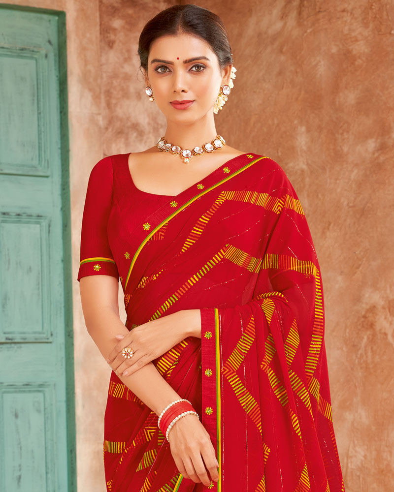 Vishal Prints Cherry Red Printed Patterned Chiffon Saree With Fancy Border