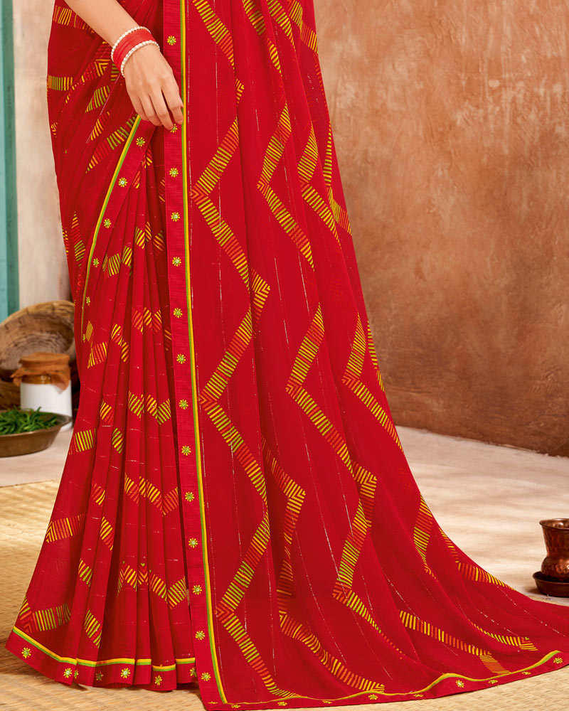 Vishal Prints Cherry Red Printed Patterned Chiffon Saree With Fancy Border