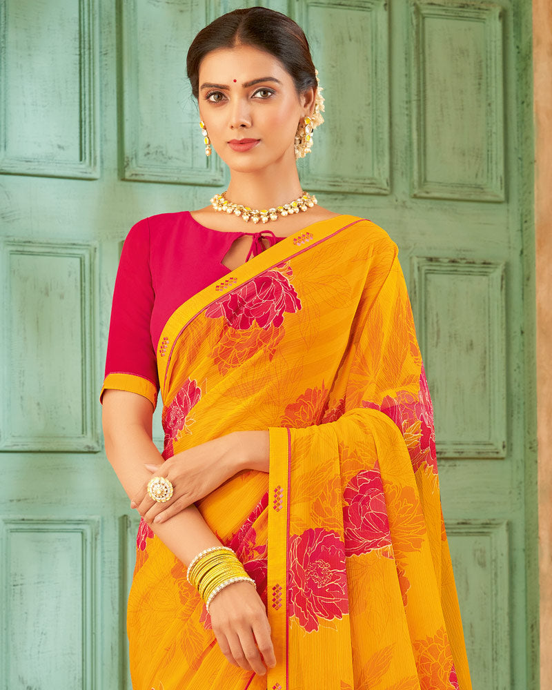 Vishal Prints Yellowish Orange Printed Patterned Chiffon Saree With Fancy Border