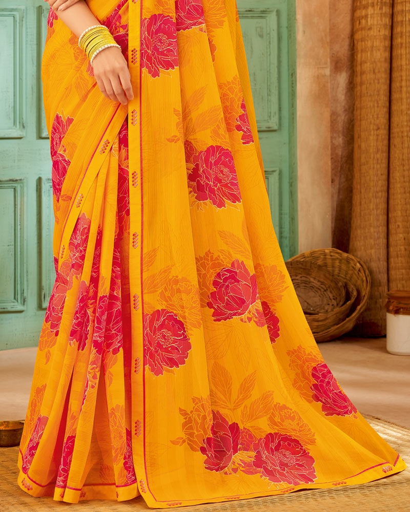 Vishal Prints Yellowish Orange Printed Patterned Chiffon Saree With Fancy Border