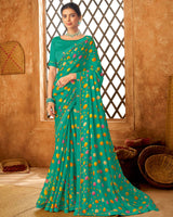 Vishal Prints Dark Mint Green Printed Patterned Chiffon Saree With Fancy Border