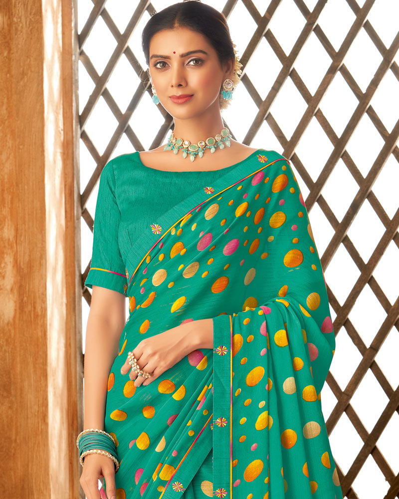 Vishal Prints Dark Mint Green Printed Patterned Chiffon Saree With Fancy Border