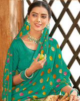 Vishal Prints Dark Mint Green Printed Patterned Chiffon Saree With Fancy Border