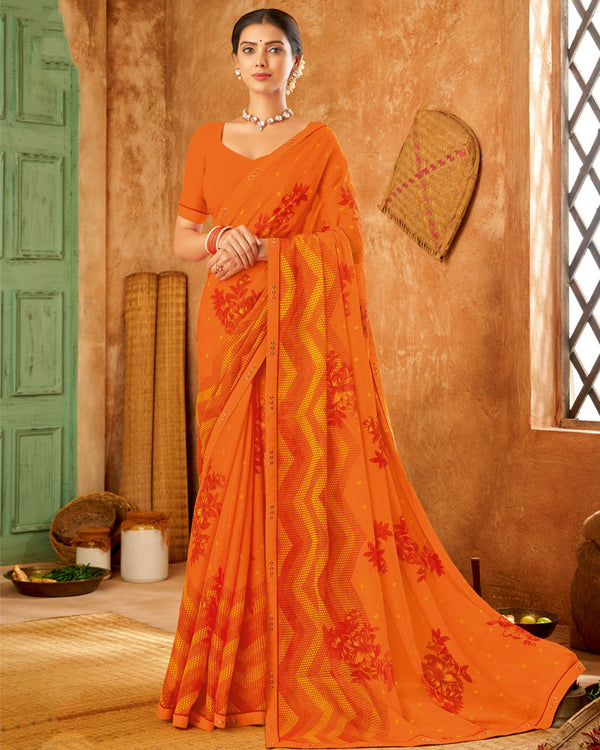 Vishal Prints Orange Printed Patterned Chiffon Saree With Fancy Border