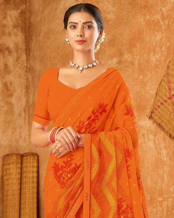 Vishal Prints Orange Printed Patterned Chiffon Saree With Fancy Border