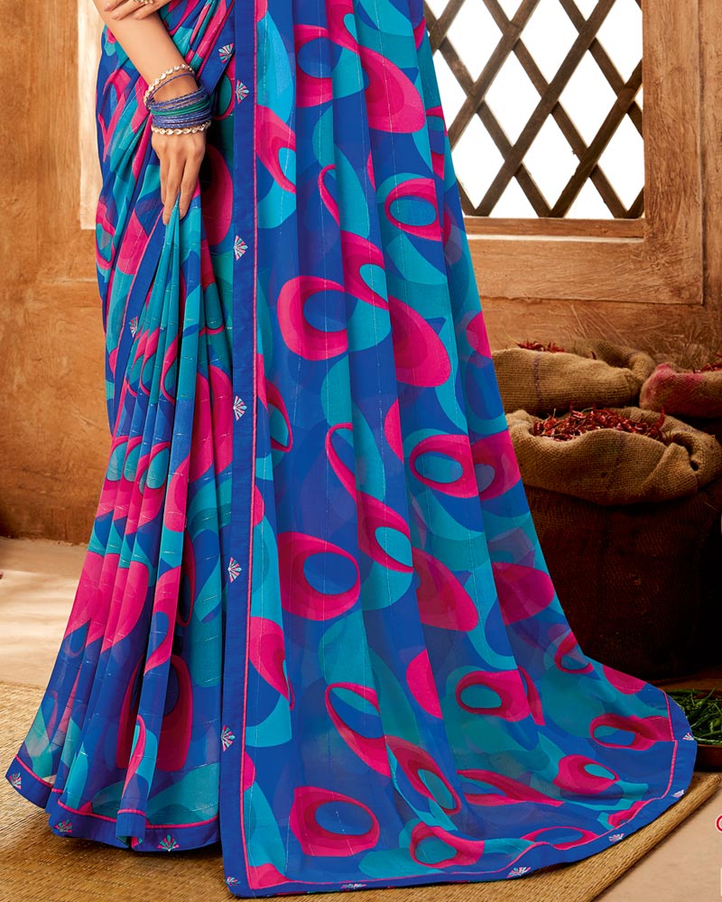 Vishal Prints Dark Blue Printed Patterned Chiffon Saree With Fancy Border