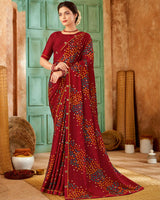 Vishal Prints Dark Red Printed Patterned Chiffon Saree With Fancy Border